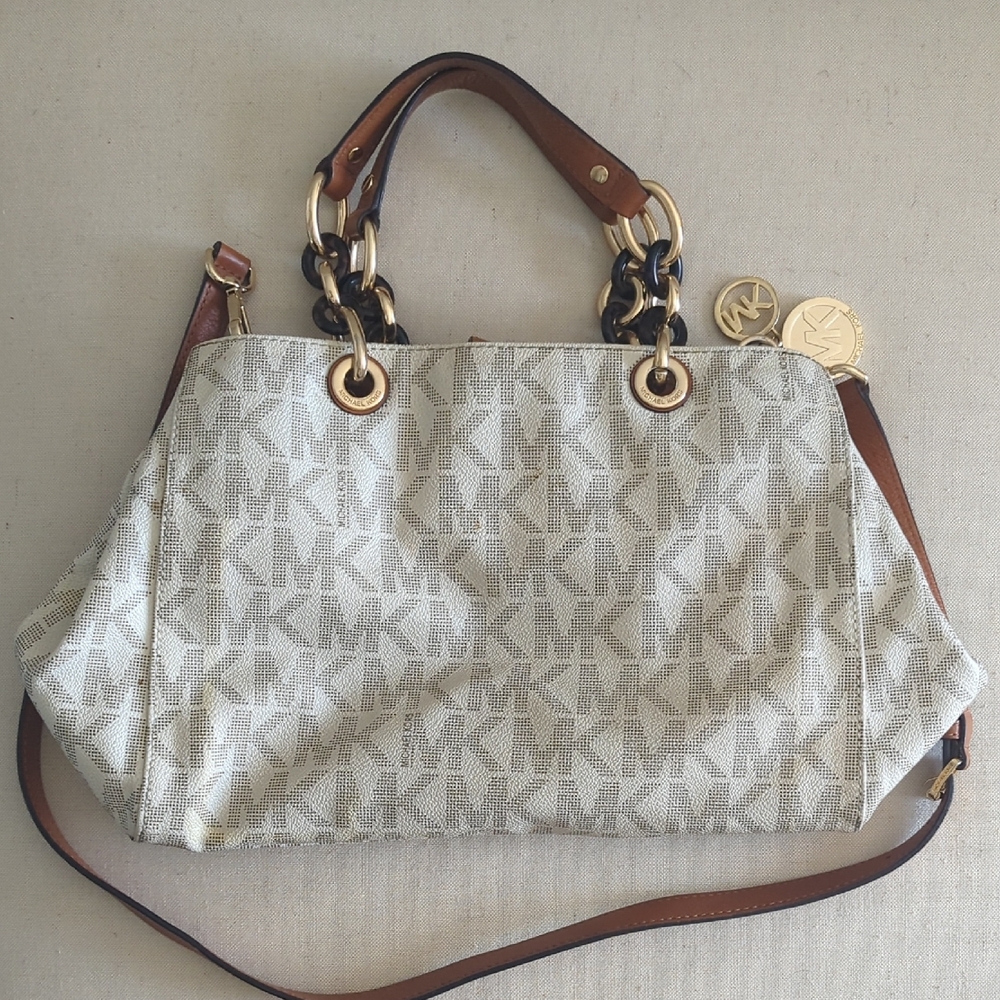 Michael Kors White and Brown Shoulder Bag with Signature Monogram